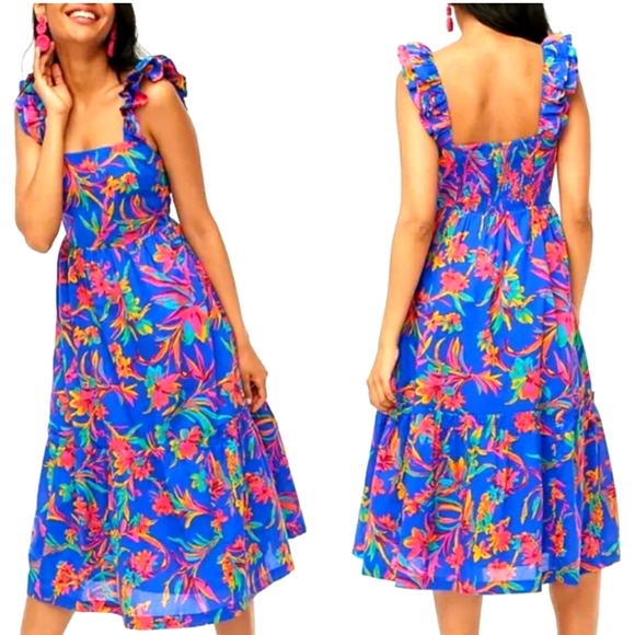 J Crew, Squareneck midi dress, Ruffles Brilliant Blue Dark Peo, Boho Size 6 - Picture 1 of 16
